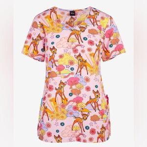 Disney Bambi Scrub Top XS Pink Woodland Floral Nurse Medical Uniform V Neck